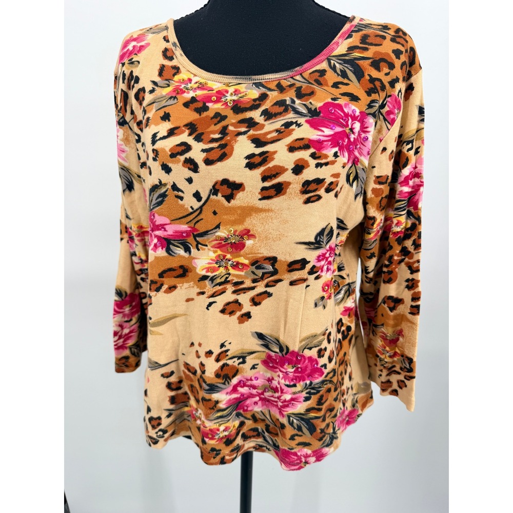 Vintage Y2K Gaudy Couture Top Women Large Tan Pink Good Leopard Floral Sequin